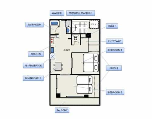 อพาร์ตเมนต์ 2 ห้องนอน 1 ห้องน้ำส่วนตัว ขนาด 53 ตร.ม. – ซะกุระ
