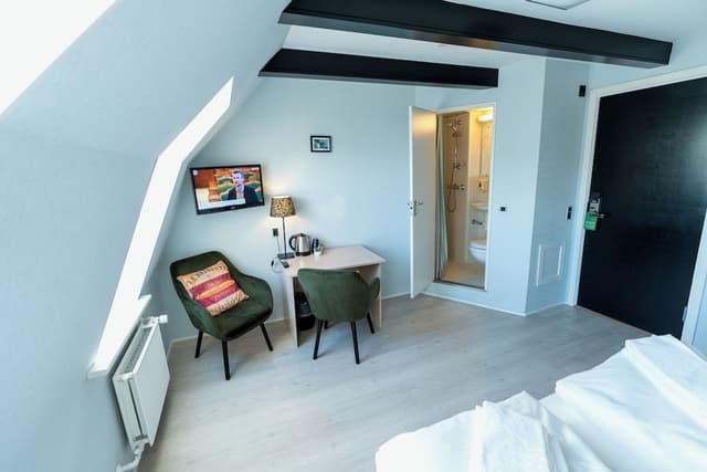Standard Double Room, Small Bathroom, note stairs to the floor