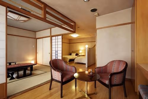 Family Room with Tatami Area with Beppu Bay View