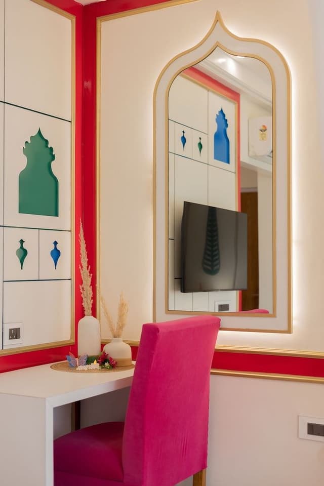 Mughal heritage room with 180 degree city view from Designer bed