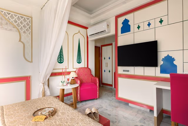 Mughal heritage room with 180 degree city view from Designer bed