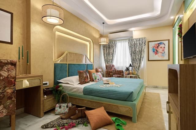 Bohemian Theme Room with Artistic Rattan decor & Designer Washroom