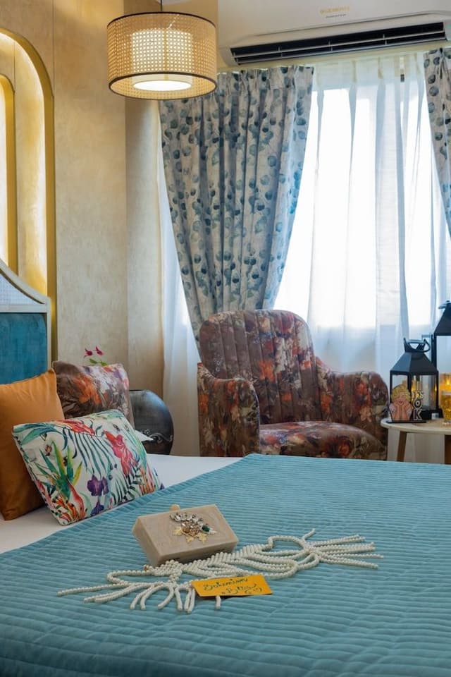 Bohemian Theme Room with Artistic Rattan decor & Designer Washroom
