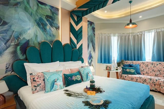 Peacock Theme designer Room with 240 degree City view and Beautiful peacock Bed & Sitout