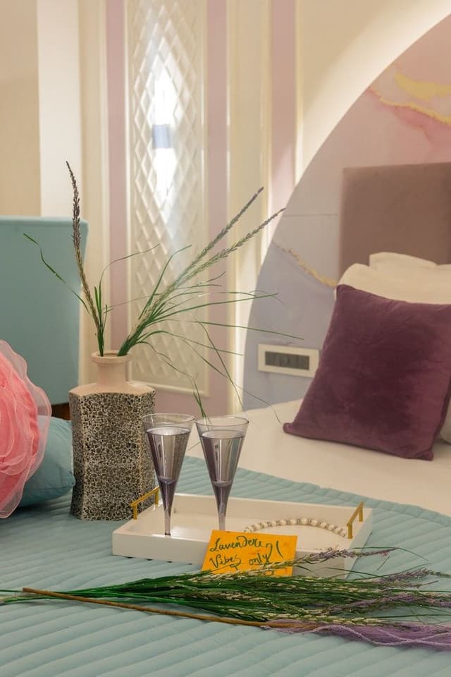 Lavender Theme Neo modern Room with Purple designer Bed & Extra Day bed