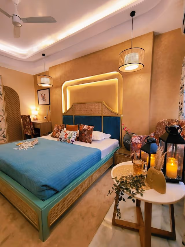 Bohemian Theme Room with Artistic Rattan decor & Designer Washroom