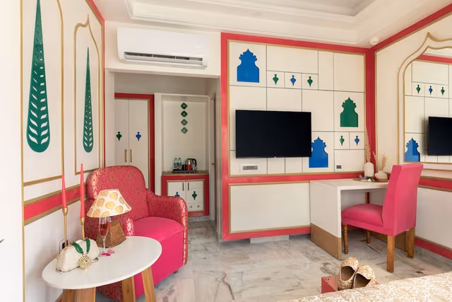 Mughal heritage room with 180 degree city view from Designer bed