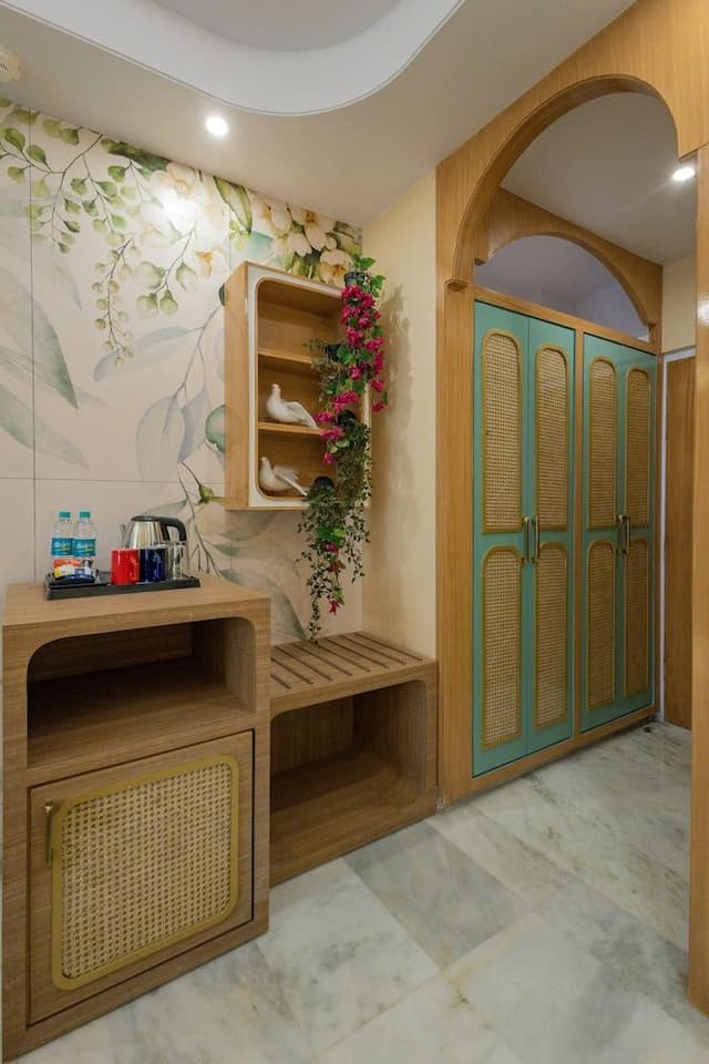 Bohemian Theme Room with Artistic Rattan decor & Designer Washroom