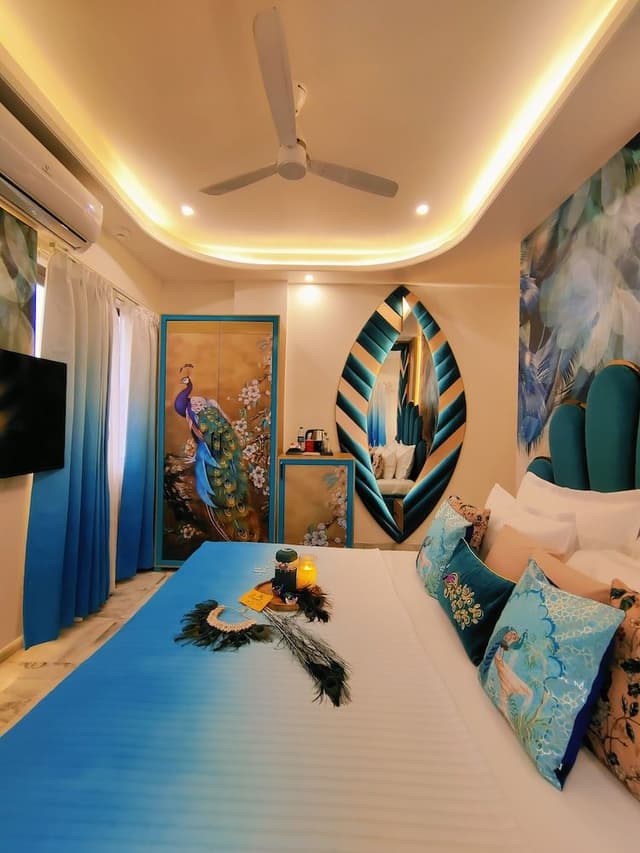 Peacock Theme designer Room with 240 degree City view and Beautiful peacock Bed & Sitout