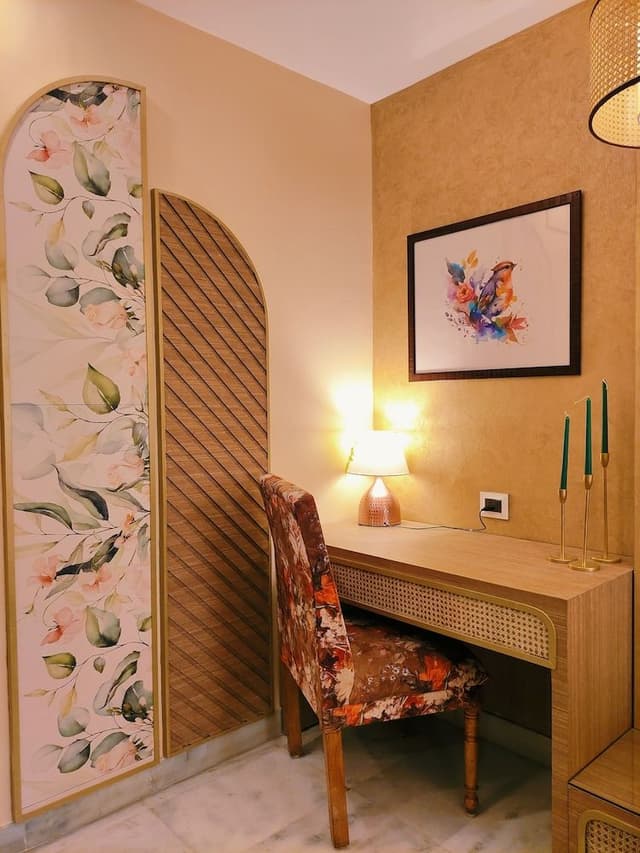 Bohemian Theme Room with Artistic Rattan decor & Designer Washroom