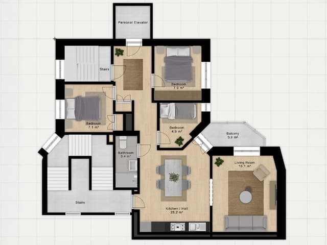 Apartment, 3 Bedrooms, Balcony, Garden View