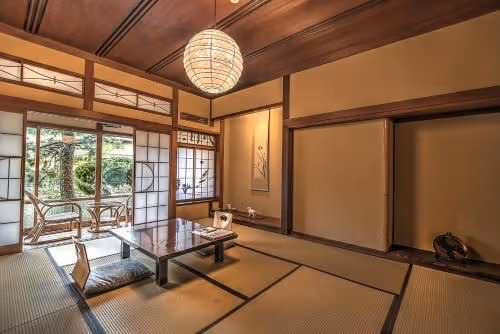 Japanese-Style Family Room with Shared Bathroom and River View