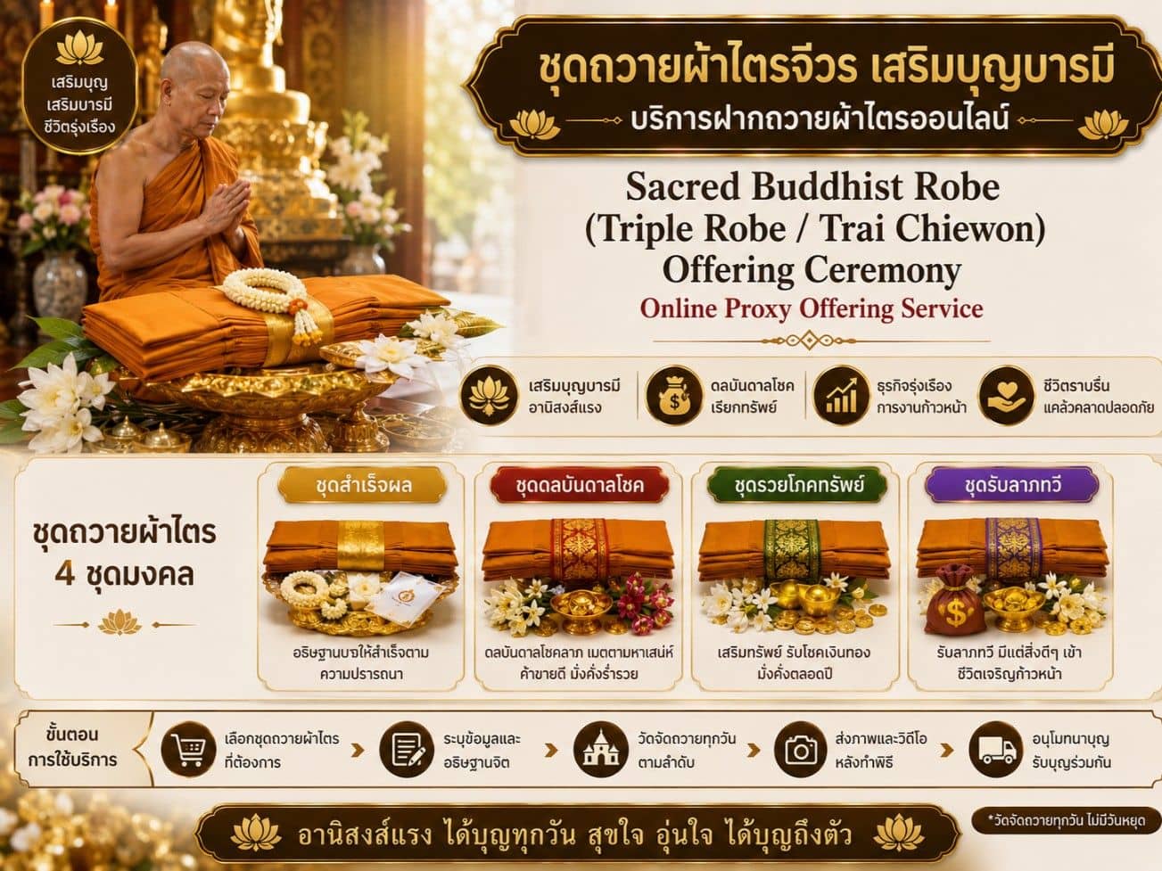 บริการถวายผ้าไตรจีวรออนไลน์ (เลือกแพ็กเกจเสริมบุญ เสริมโชคลาภ และโภคทรัพย์)